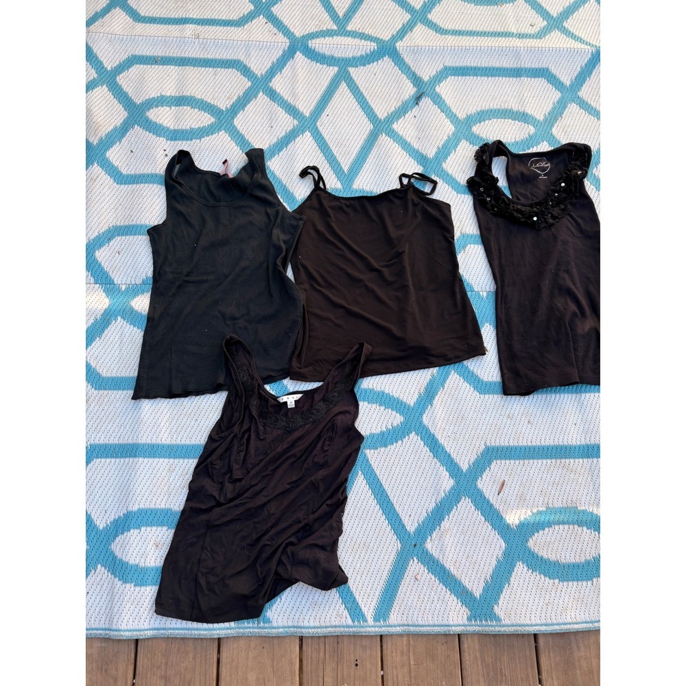 Lot of 4 Black Tank Tops Camisoles Cabi INC Lace Ruffle Rhinestone Ribbed Medium